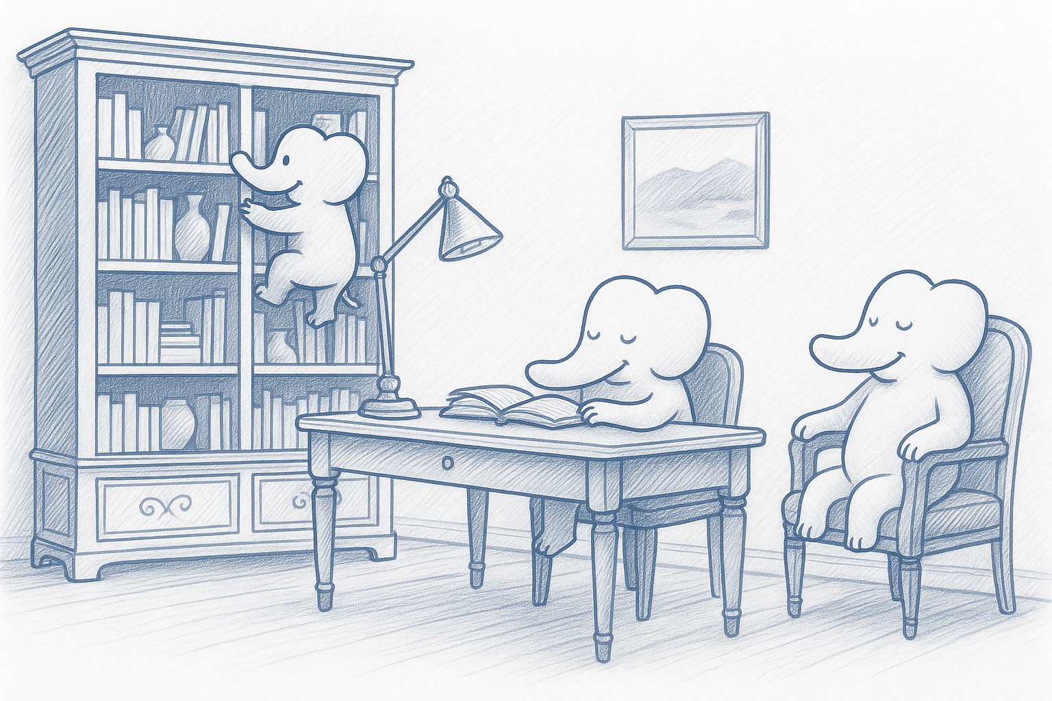 Illustrazione poetica di uno studio classico con scrivania, libreria in legno e poltrone eleganti, ambientato con piccoli elefanti che leggono e studiano.