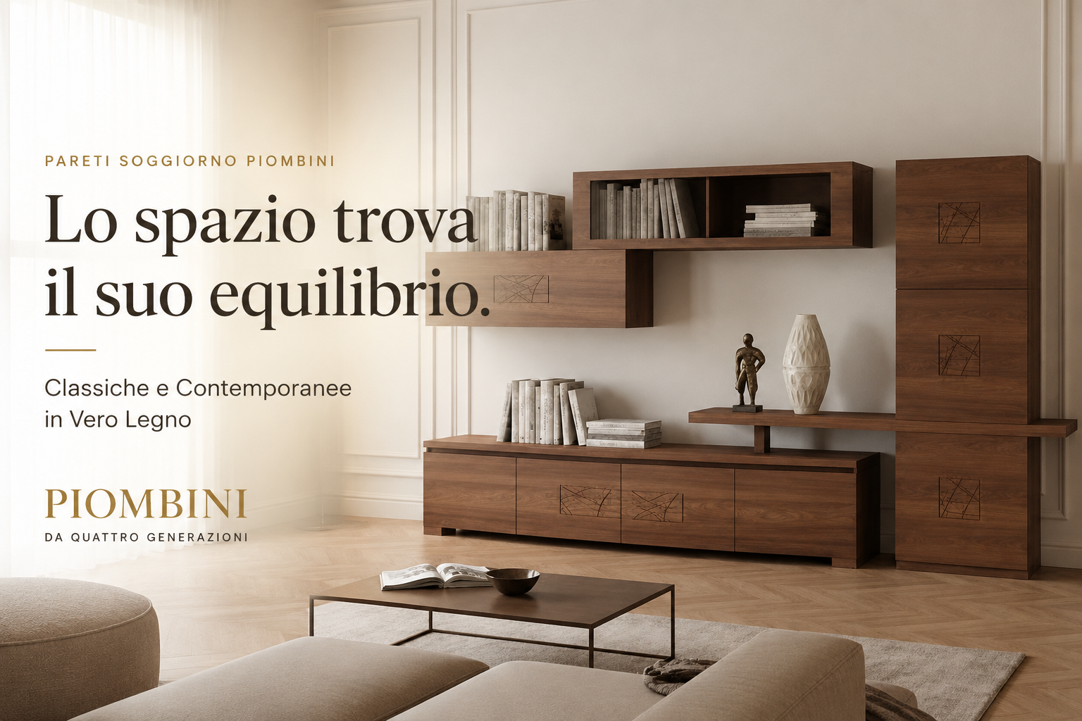 Collezione Pareti Soggiorno Piombini in Vero Legno con parete attrezzata contemporanea Modigliani in noce. Basi, pensili e colonne arredano un soggiorno luminoso creando una composizione equilibrata, elegante e funzionale.