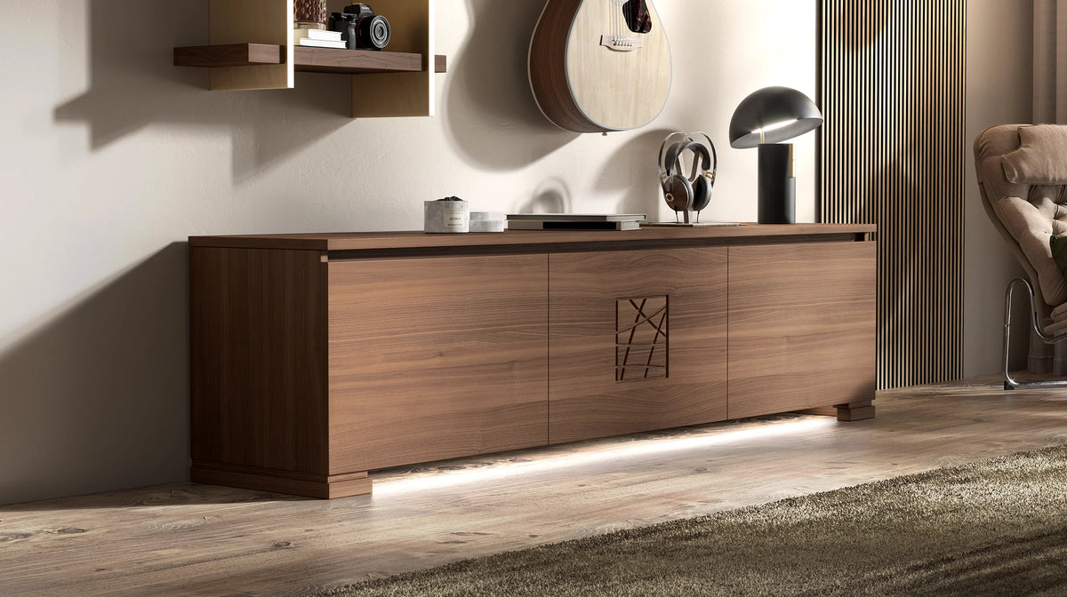 Modern TV cabinet L 198 in walnut wood and marble, Modigliani Piombini collection