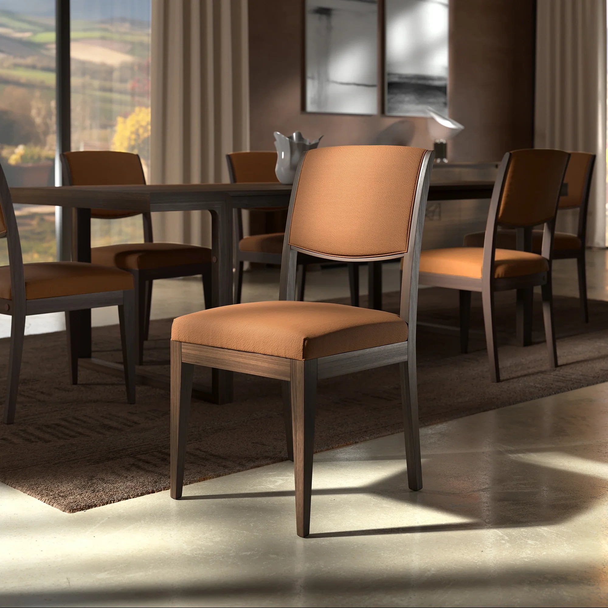 Modern Rectangular Table L 180 in Walnut Wood with 6 Modern Chairs in Real Leather Modigliani Piombini Collection