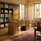 Versione in finitura legno naturale GRN14 Bassano Chiaro Anticato dello Studio D’Este STU308-STU309 con scrivania in pelle e libreria monumentale 290 cm.