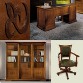 Studio completo STU303 della Collezione Arte D’Este con scrivania classica in legno e piano in vera pelle nera, poltrona girevole rivestita in pelle verde e libreria con tre ante scorrevoli in vetro e decoro Comete inciso. Finitura in legno ciliegio, stile classico e artigianalità italiana.