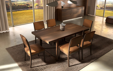 Modern Rectangular Table L 180 in Walnut Wood with 6 Modern Chairs in Real Leather Modigliani Piombini Collection