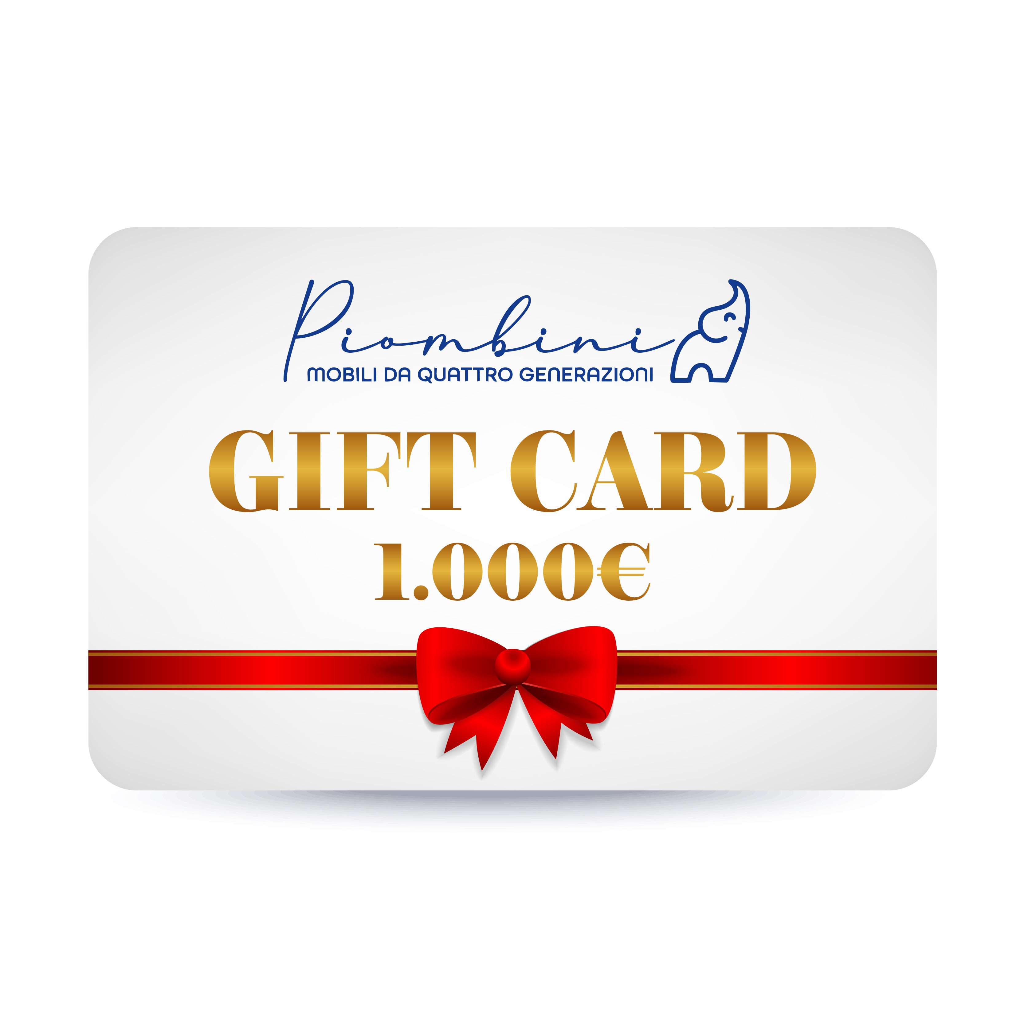 Gift Card Piombini 1.000 euro, buono regalo elegante con nastro rosso per scegliere un mobile protagonista in mobili artigianali made in Italy da quattro generazioni