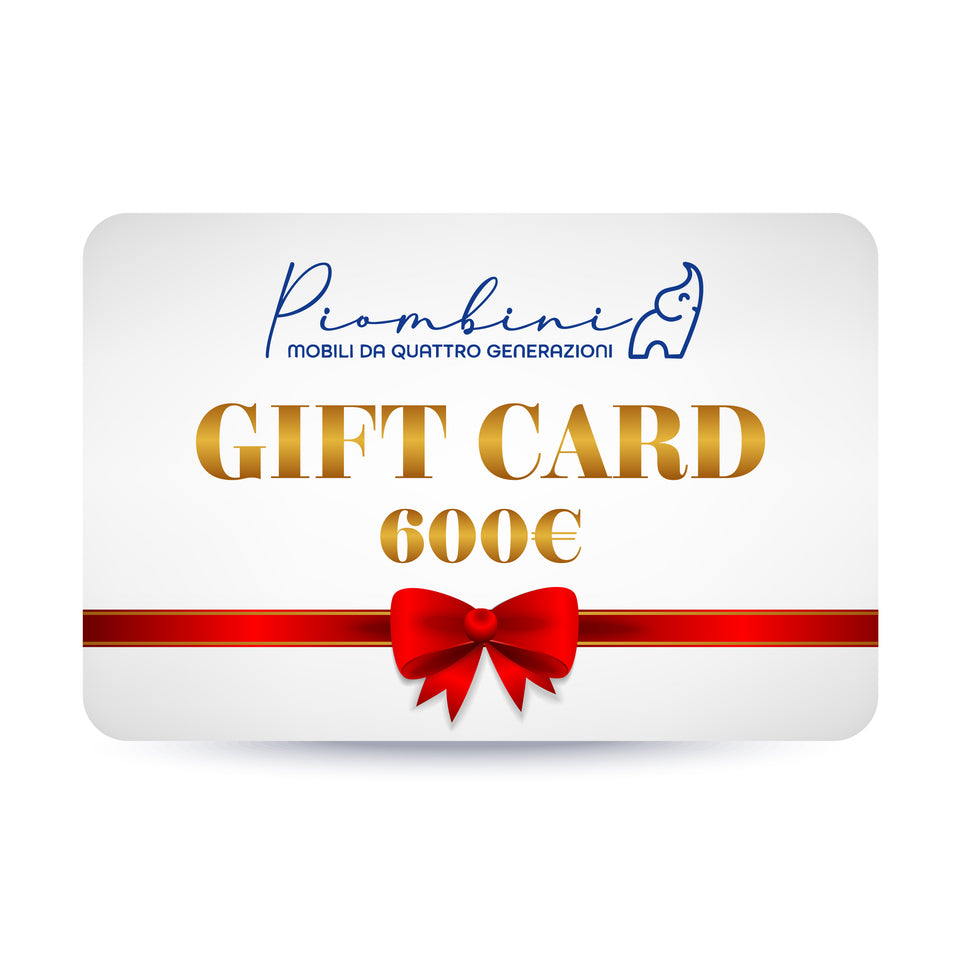 Carte cadeau Piombini 600 euros, bon cadeau élégant avec ruban rouge pour meubler la maison avec des meubles artisanaux made in Italy depuis quatre générations