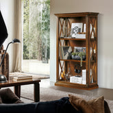 Libreria Media Classica Piombini Tiziano RH754 con fianchi aperti intagliati, artigianato italiano in legno e finitura Bassano Chiaro Anticato.