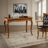 Scrittoio scrivania classica Tiziano con piano parquet in essenze di ciliegio, acero e noce, due cassetti e gambe in legno massiccio, ideale per studio e soggiorno.