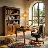 Classic Tiziano study with parquet-top desk, button-tufted genuine leather armchair, and two-door inlaid bookcase