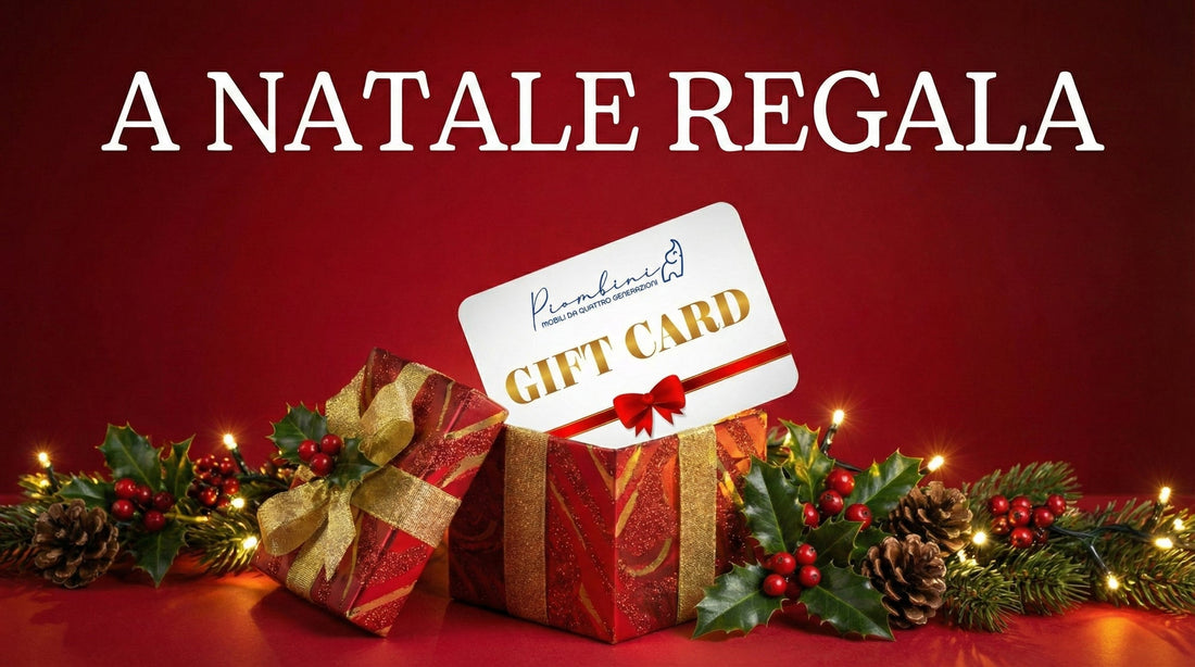 Illustrazione di due elefantini che si scambiano una Gift Card Piombini in un soggiorno arredato, simbolo di un regalo per la casa caldo, affettuoso e destinato a durare nel tempo.