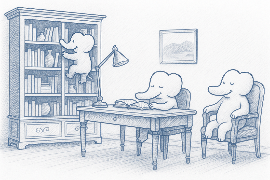 Illustrazione poetica di uno studio classico con scrivania, libreria in legno e poltrone eleganti, ambientato con piccoli elefanti che leggono e studiano.