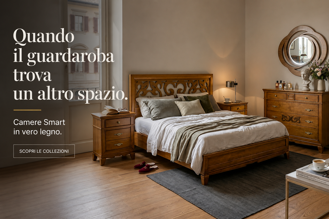 Camera da Letto Smart Piombini in vero legno con letto matrimoniale, comodini, comò e specchiera coordinati, progettata per una zona notte con cabina armadio o guardaroba separato in un ambiente elegante e luminoso.
