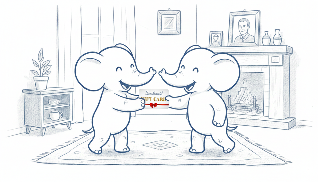 Illustrazione di due elefantini che si scambiano una Gift Card Piombini in un soggiorno arredato, simbolo di un regalo per la casa caldo, affettuoso e destinato a durare nel tempo.