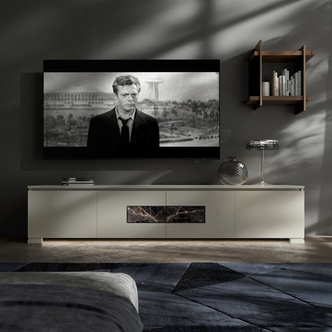 Mobile TV Modigliani with 4 doors in Onyx lacquer finish, central panel in Port Saint Laurent marble and LED lighting, set in a contemporary living room with dark, sophisticated tones and designer accents.