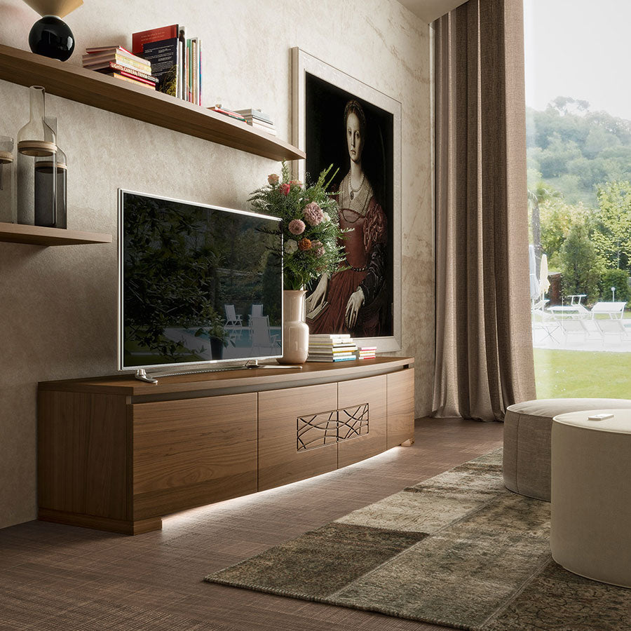 Mobile TV moderno sagomato in legno di noce L.240 cm collezione Modigliani Piombini 8208F
