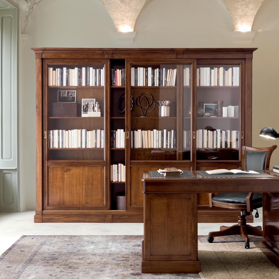 Libreria classica in legno di ciliegio, 2 ante scorrevoli L. 193 cm