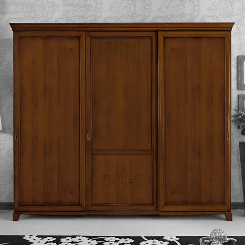 Armadio guardaroba classico in legno D'Este a tre porte scorrevoli P3116 P3117, larghezza 246 cm e 284 cm, con decoro in noce canaletto e struttura artigianale.