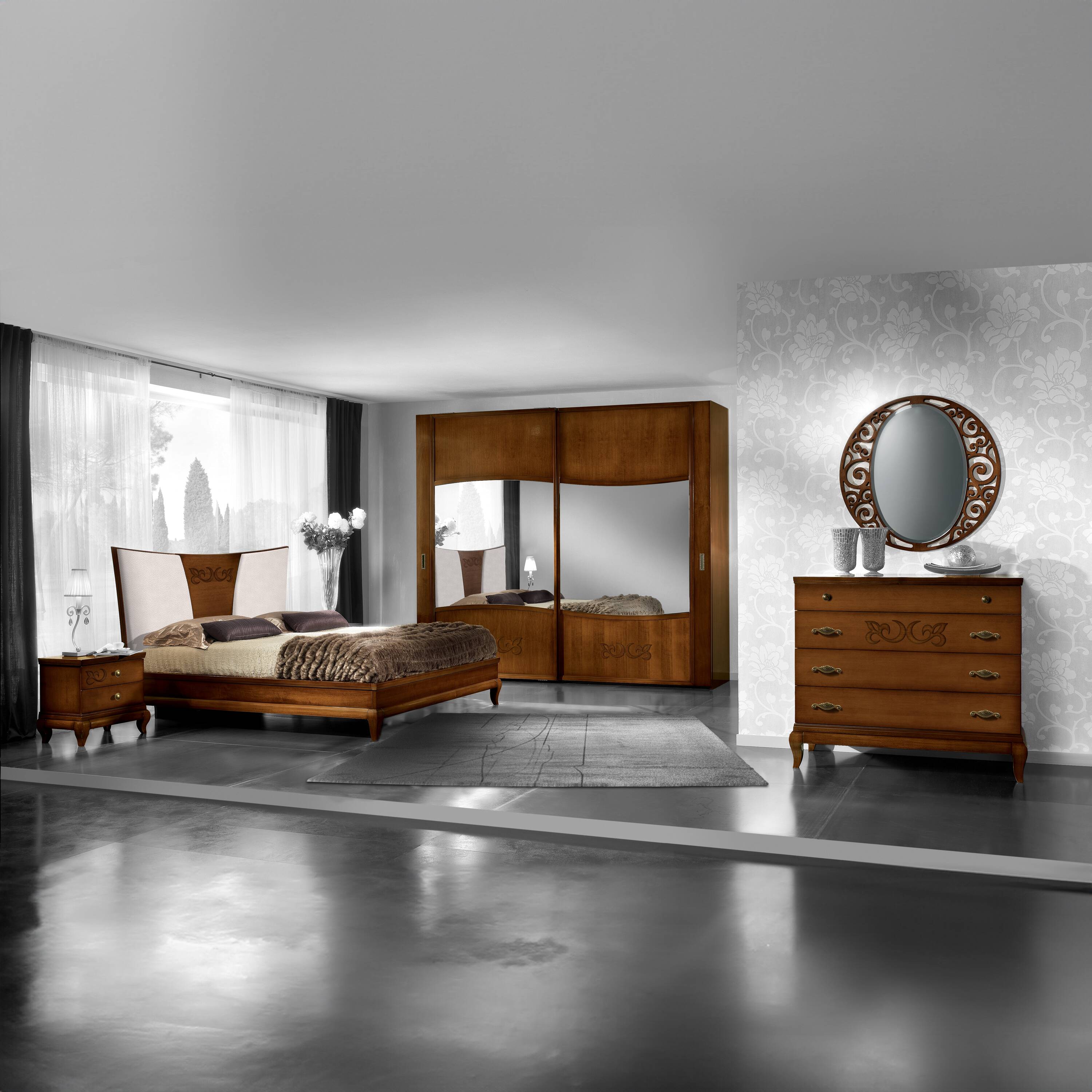Camera matrimoniale classica D’Angiò con armadio a due porte scorrevoli, letto, comodino, comò e specchio coordinati in legno finitura ciliegio. CAM02
