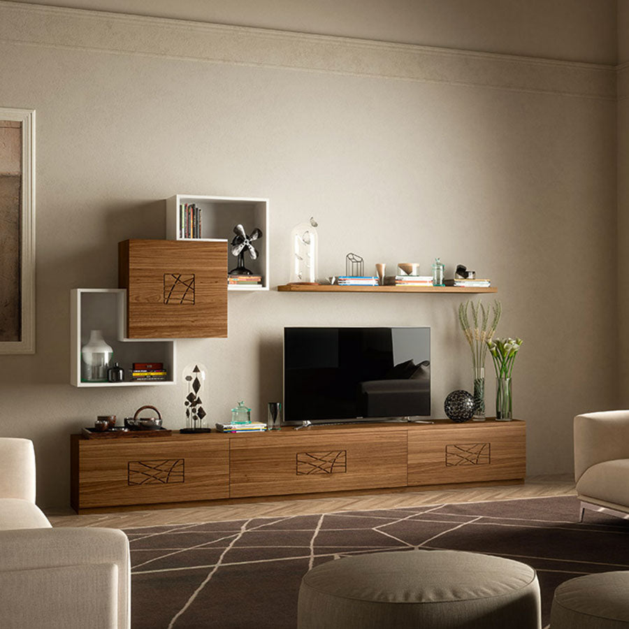 Parete mobile soggiorno moderno in noce collezione modigliani piombini mobili italiani comp01