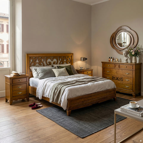 Camera da letto classica matrimoniale completa in ciliegio con testiera traforata d’Este, composta da letto, comodini e comò coordinati, realizzata in legno massello con lavorazioni artigianali italiane. Soluzione elegante e senza tempo per arredare la zona notte con qualità, stile classico e durata nel tempo.