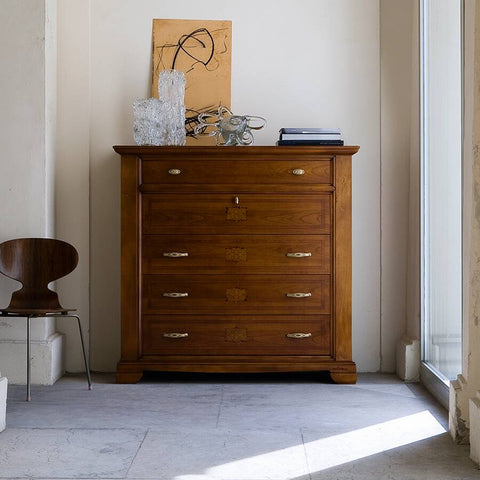 Classic Chest of Drawers Container L 122 in Cherry Wood with Inlay Arte Piombini Collection 