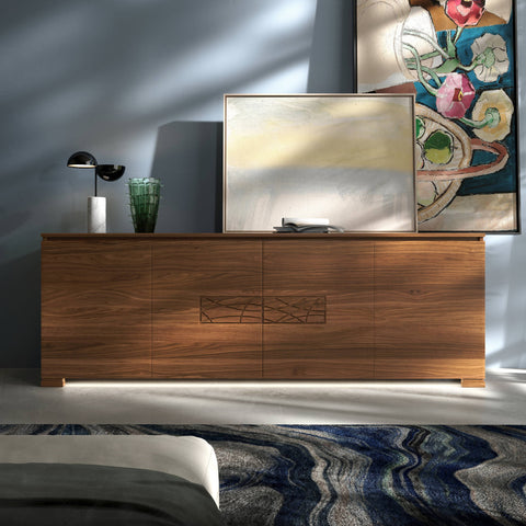 Modern Walnut Wood Sideboard with Marble and LED – 4 Doors – Modigliani
