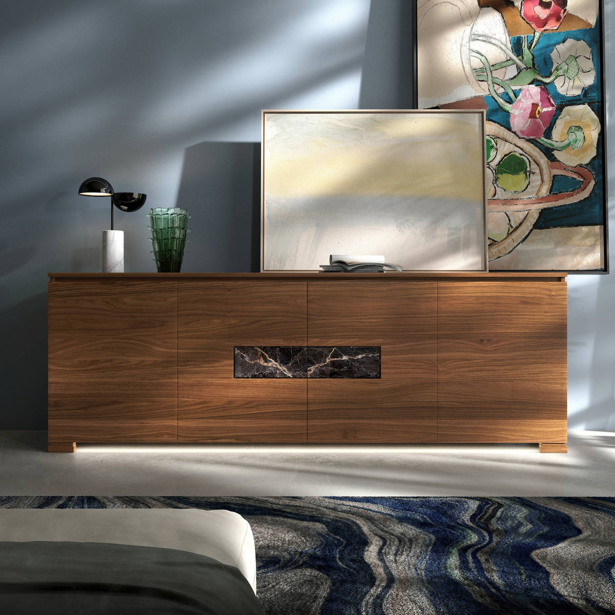 Modern Walnut Wood Sideboard with Marble and LED – 4 Doors – Modigliani