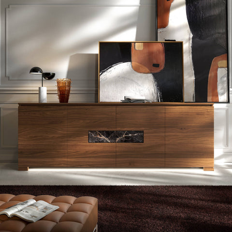 Modern Walnut Wood Sideboard with Marble and LED – 4 Doors – Modigliani