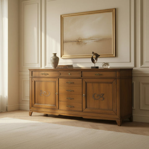 Credenza classica in ciliegio P3010 collezione D'Este Piombini con 7 cassetti, 2 ante decorate in noce canaletto e finitura GRN14 Bassano Chiaro Anticato.