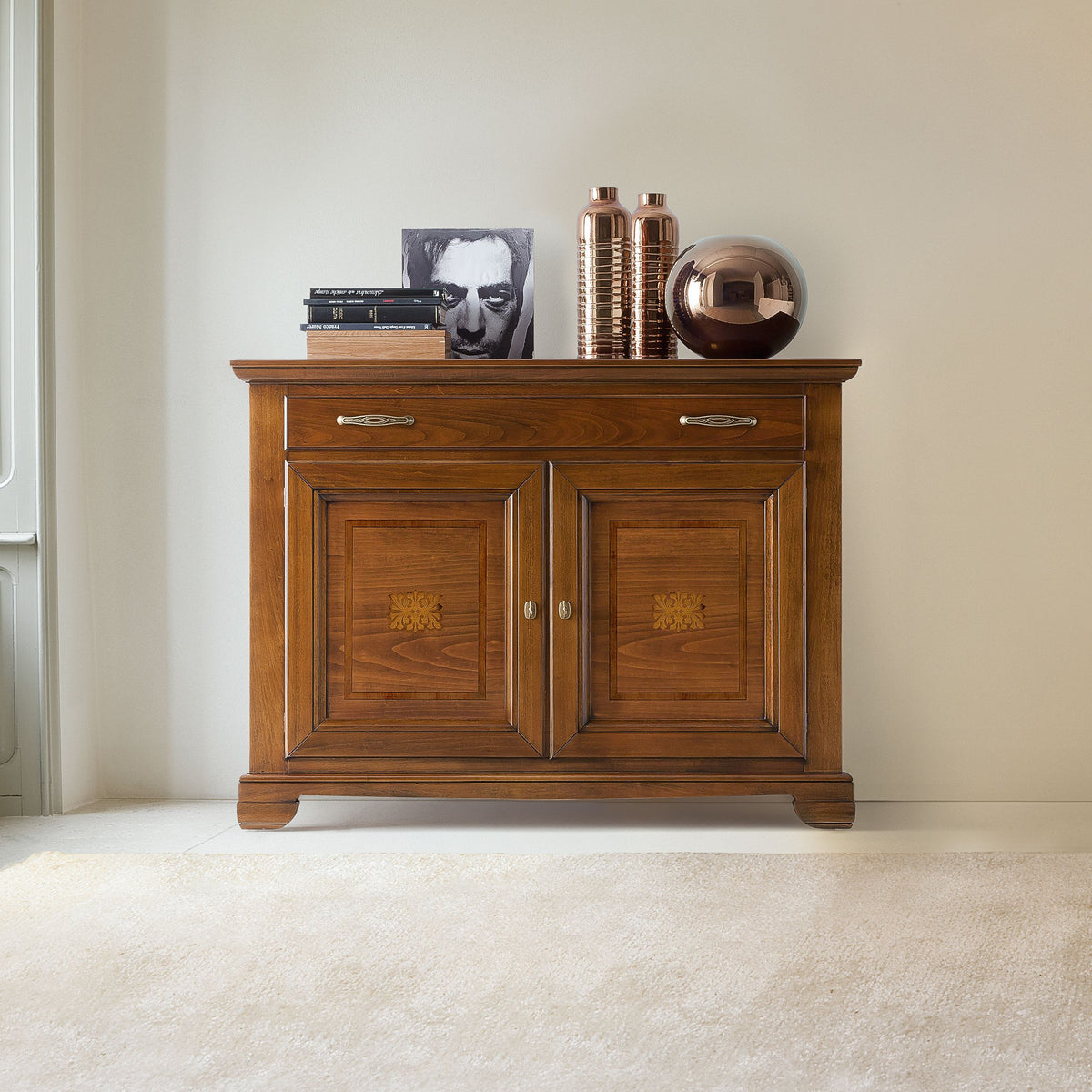Small Classic Cherry Sideboard with two inlaid doors and one drawer by Arte Piombini