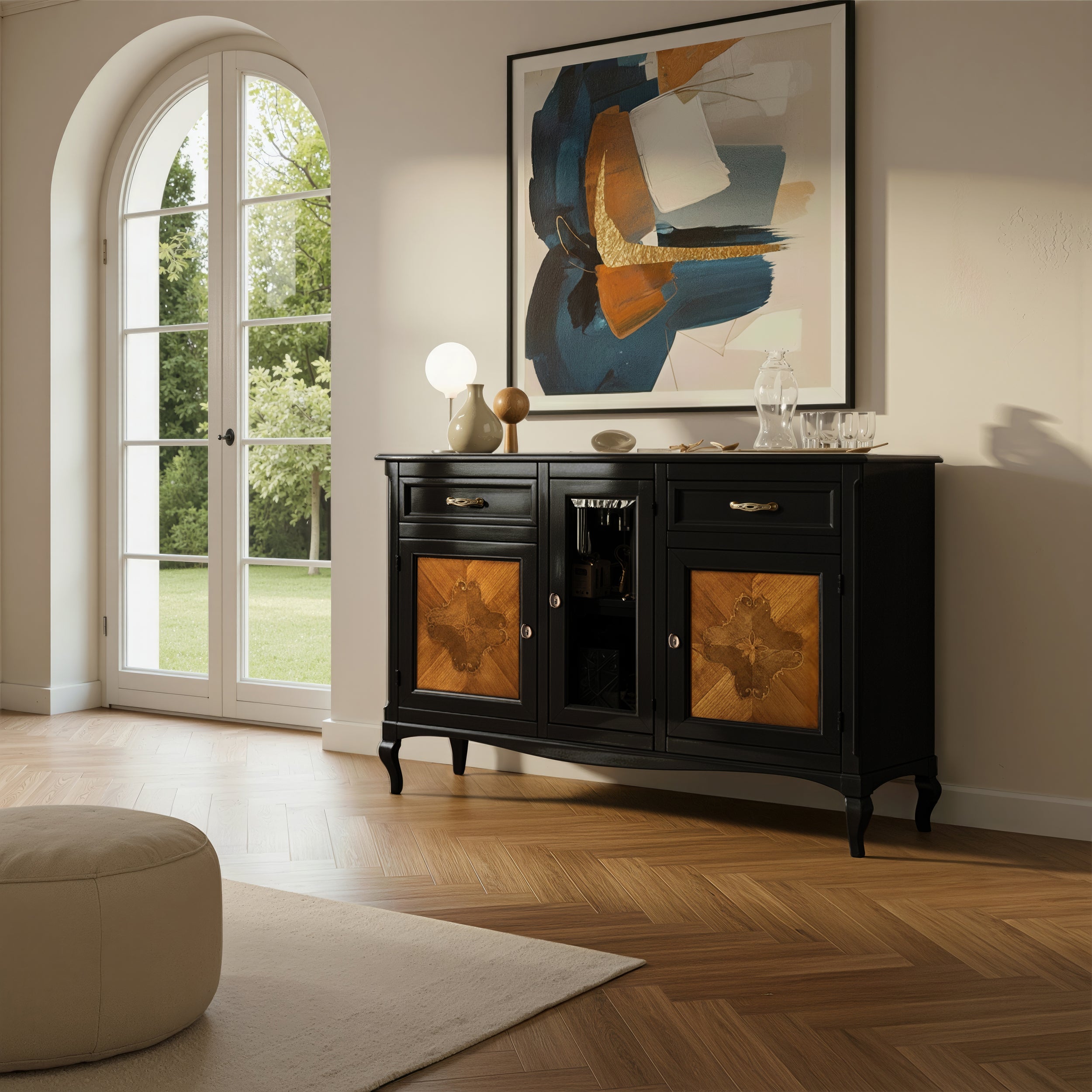 Credenza classica noce tre porte due cassetti intarsiati Arte Tiziano Piombini H6105
