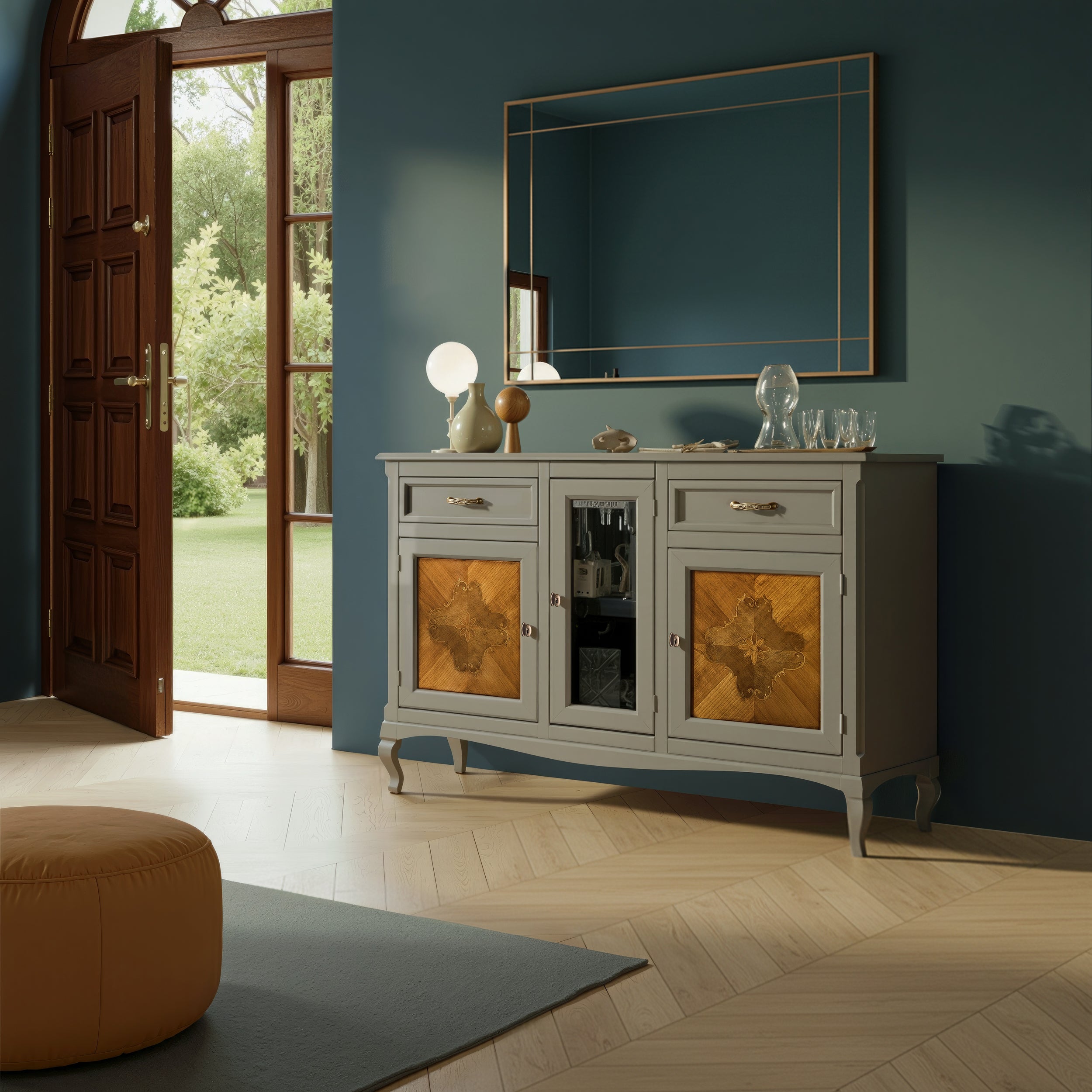 Credenza classica noce tre porte due cassetti intarsiati Arte Tiziano Piombini H6105