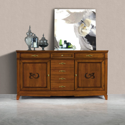Classic Sideboard L 200 7 Wooden Drawers Cherry Finish with Arte D'Este Piombini Collection Decor