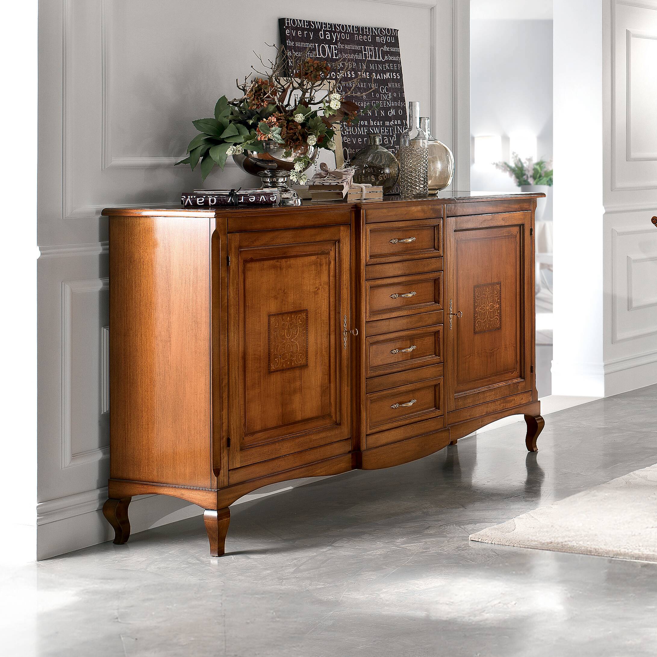 Large classic walnut sideboard with two inlaid doors and four drawers by Tiziano Piombini