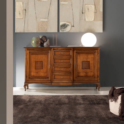 Large classic walnut sideboard with two inlaid doors and four drawers by Tiziano Piombini