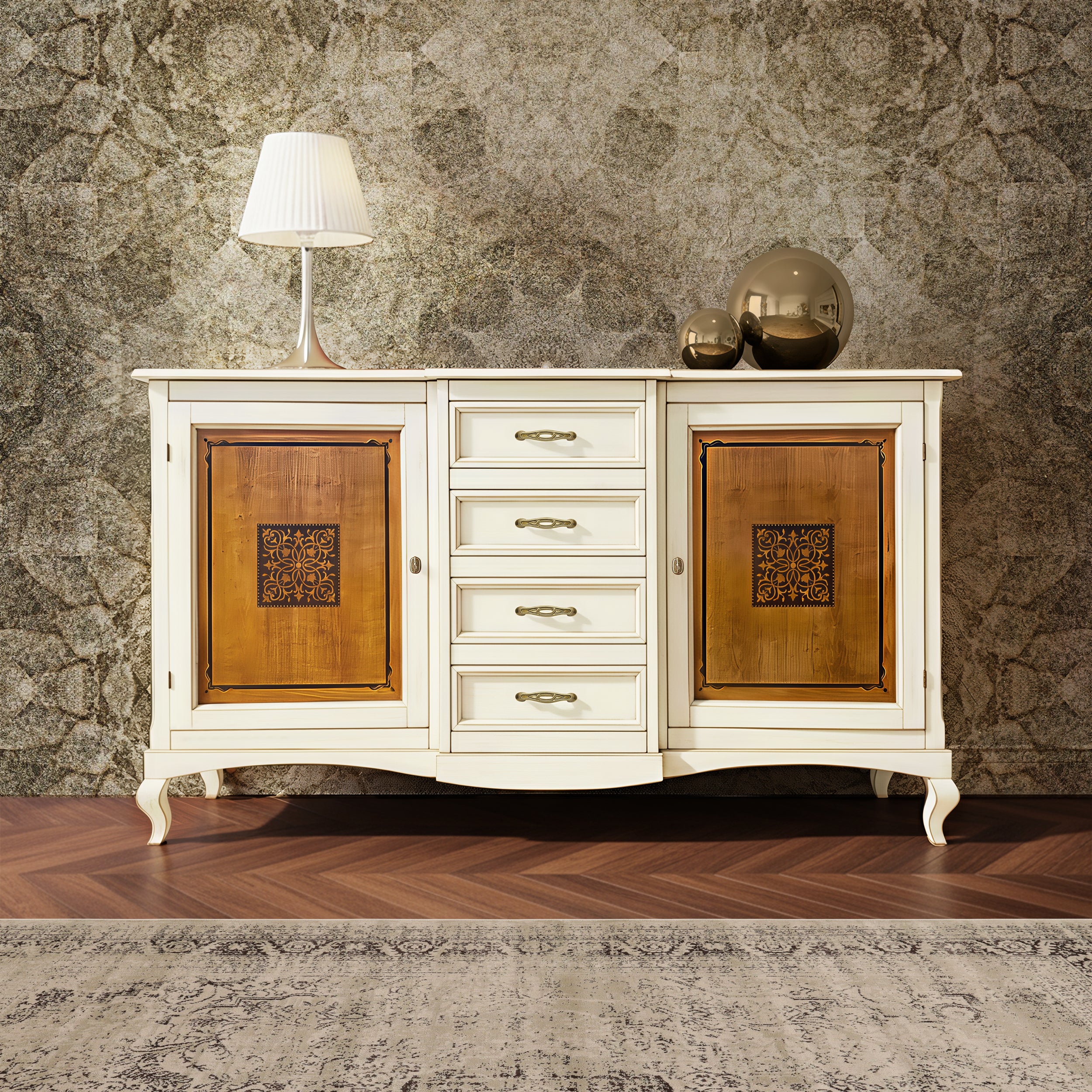 Credenza Grande classica noce due porte intarsiate quattro cassetti Arte Tiziano Piombini RH6101