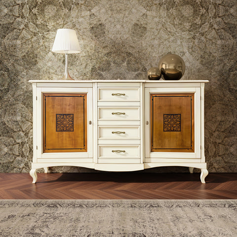 Credenza Grande classica noce due porte intarsiate quattro cassetti Arte Tiziano Piombini RH6101