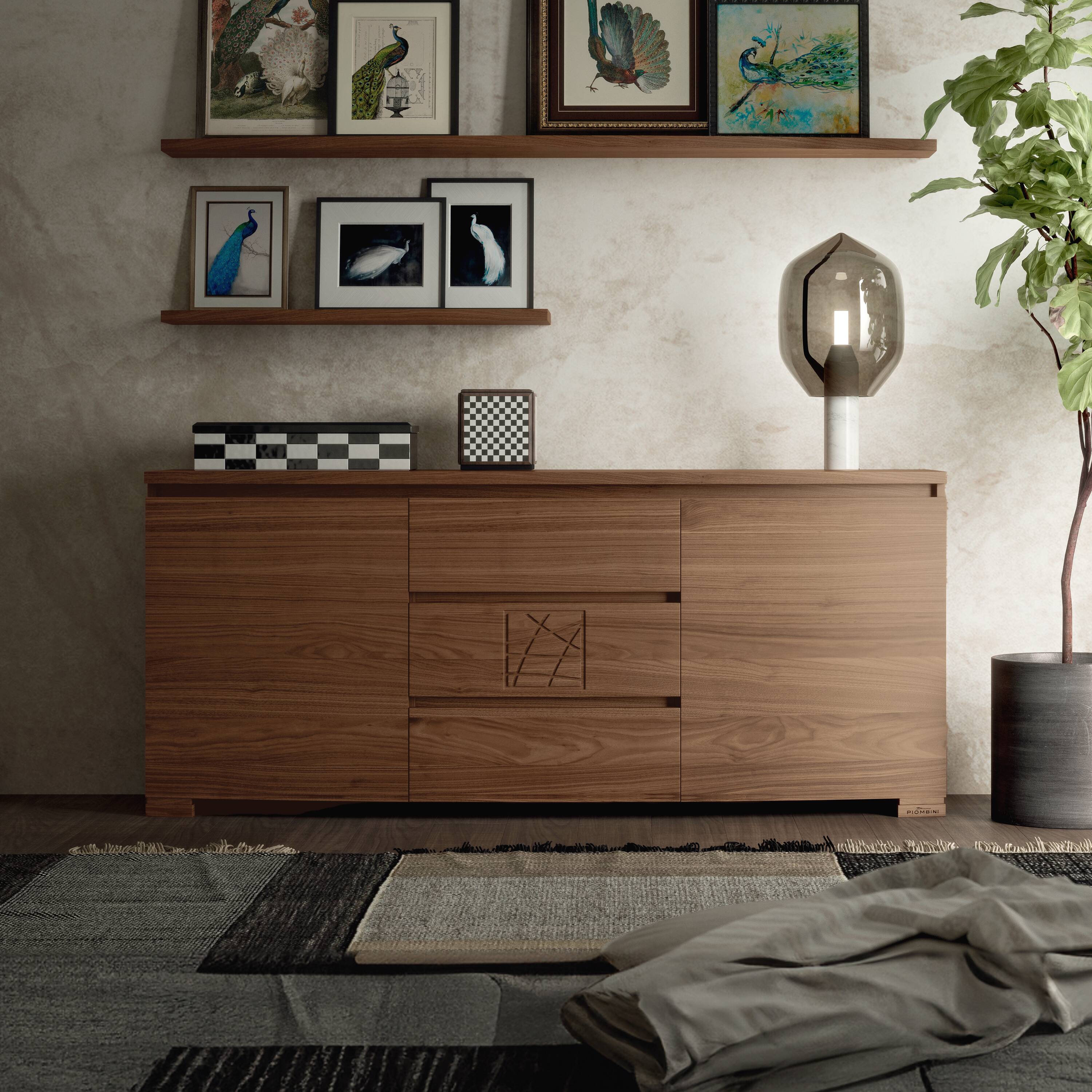 Credenza Moderna Sagomata due porte tre cassetti Noce Naturale Formella Modigliani Piombini 8212F