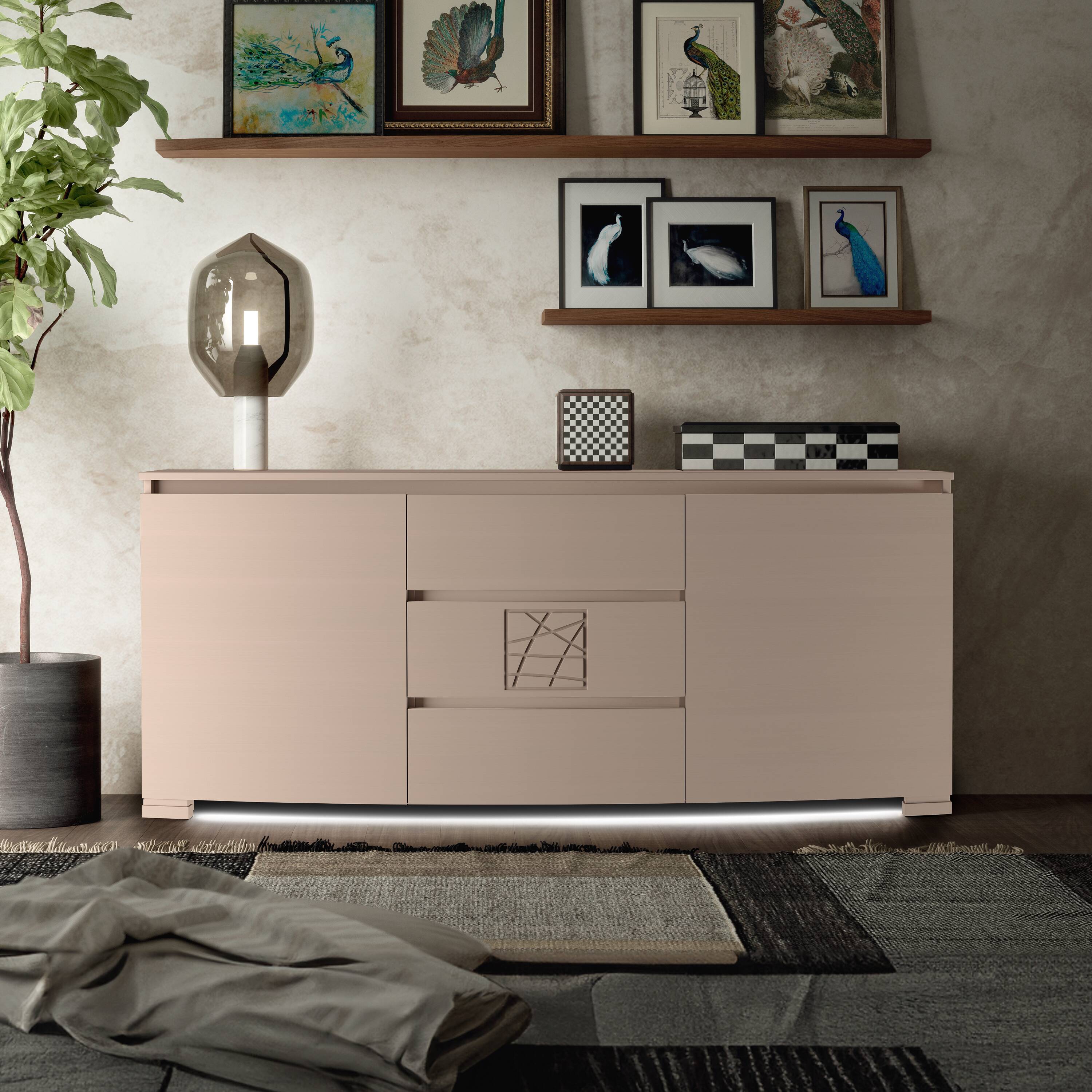 Credenza Moderna Sagomata due porte tre cassetti Tortora Formella Modigliani Piombini Ambientata 8212F