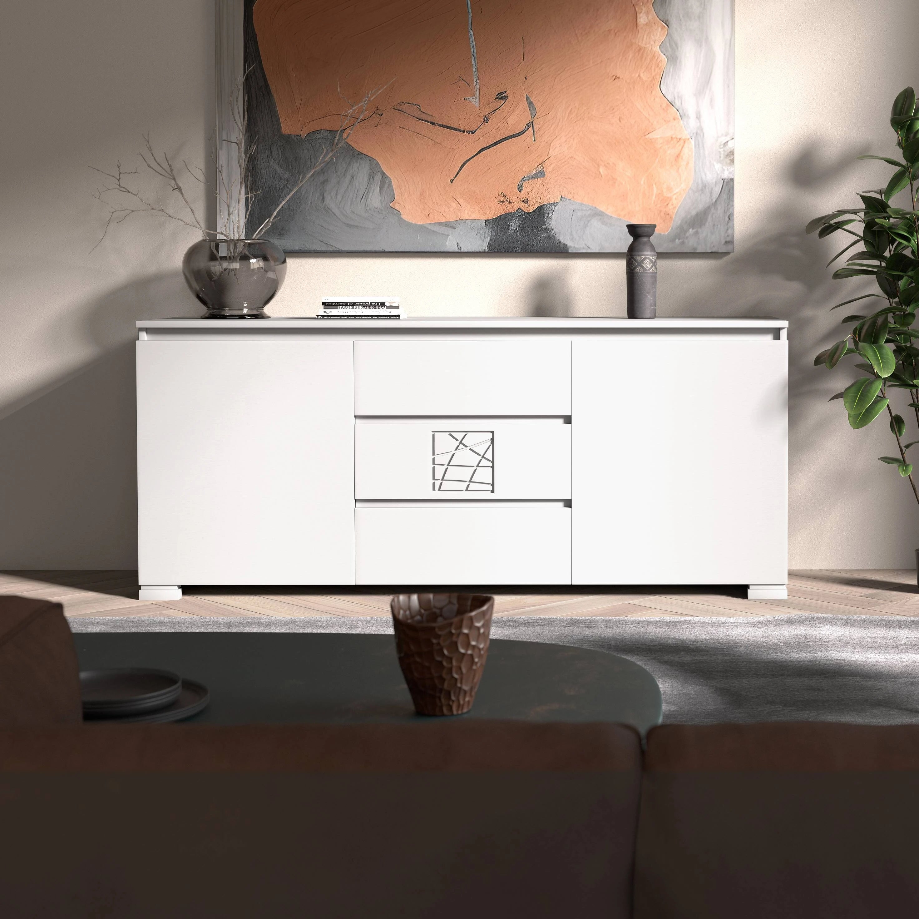 Credenza Moderna due porte tre cassetti Bianco Formella Modigliani Piombini Mobili Artigianali Italiani 9212F