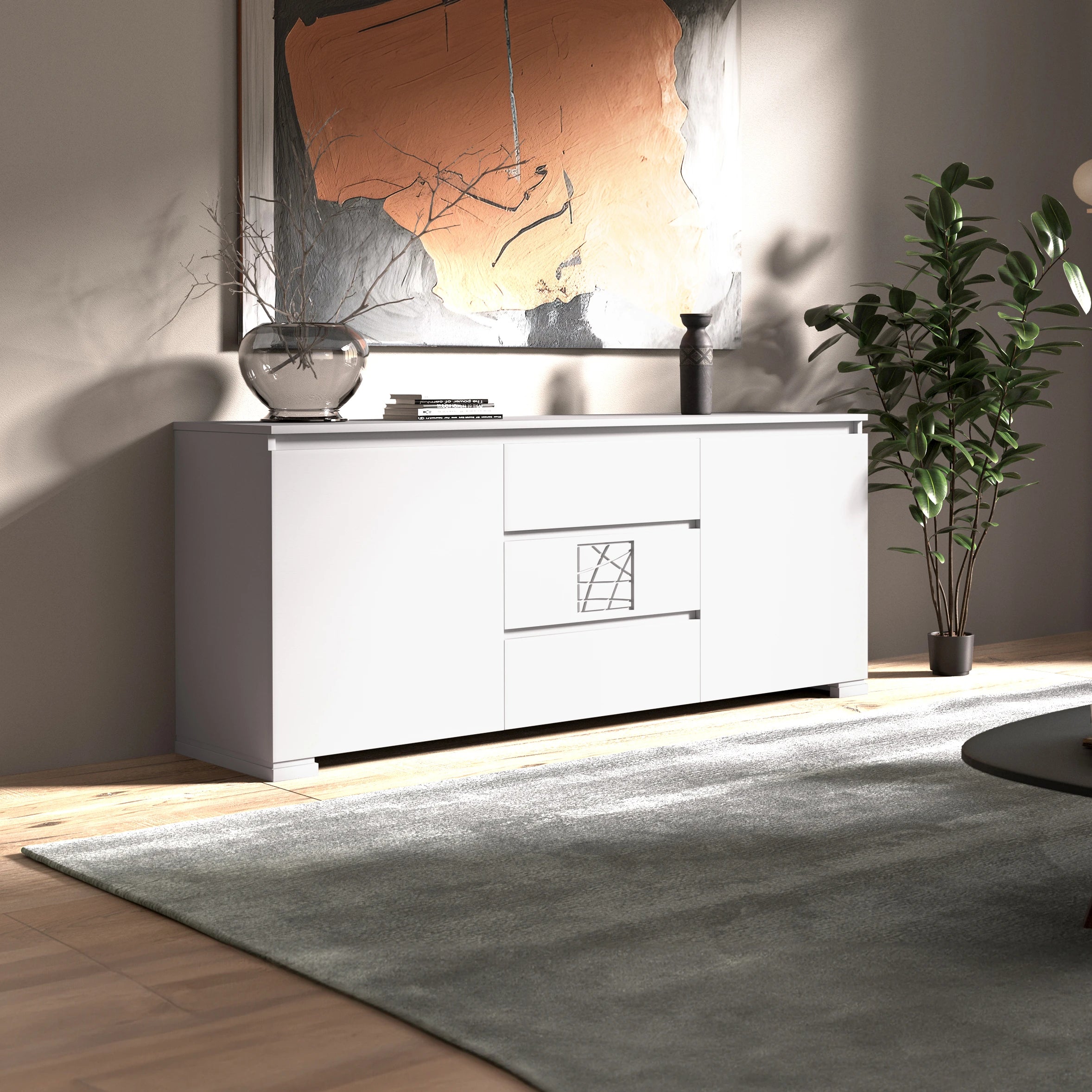 Credenza Moderna due porte tre cassetti Bianco Formella Modigliani Piombini Mobili Artigianali Italiani Laterale 9212F