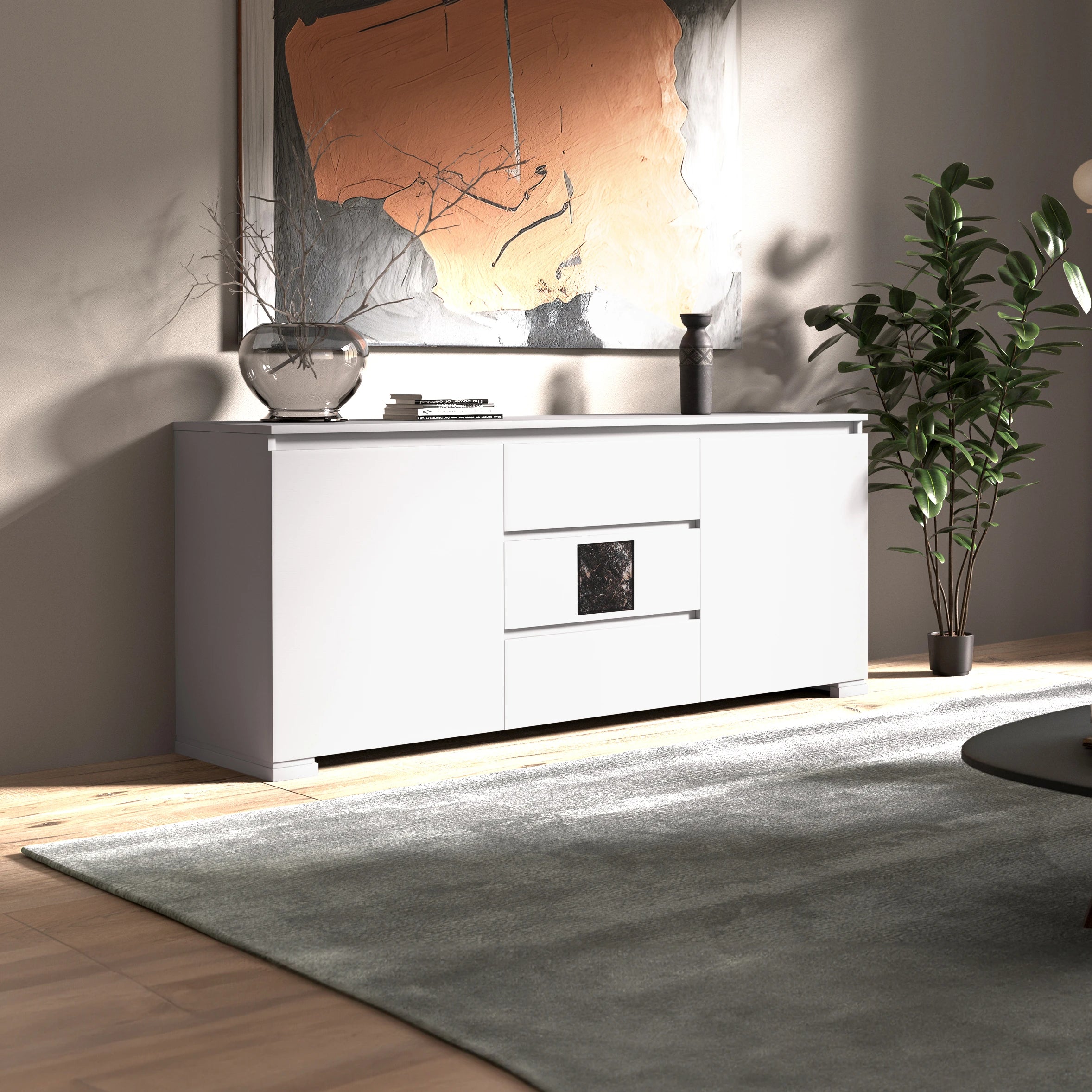 Credenza Moderna due porte tre cassetti Bianco Marmo Modigliani Piombini Mobili Artigianali Italiani Laterale 9212M