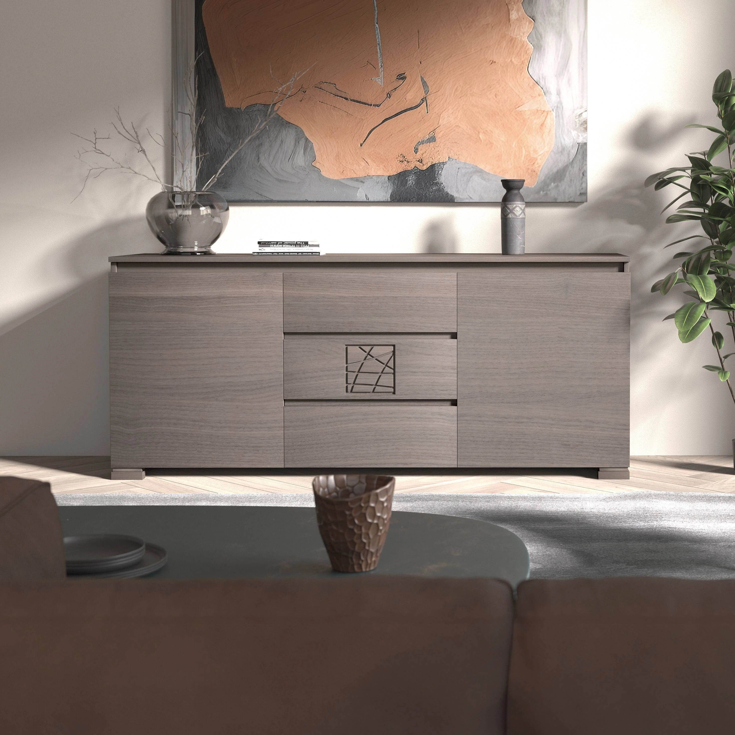 Credenza Moderna due porte tre cassetti Cenere Formella Modigliani Piombini Mobili Artigianali Italiani 9212F