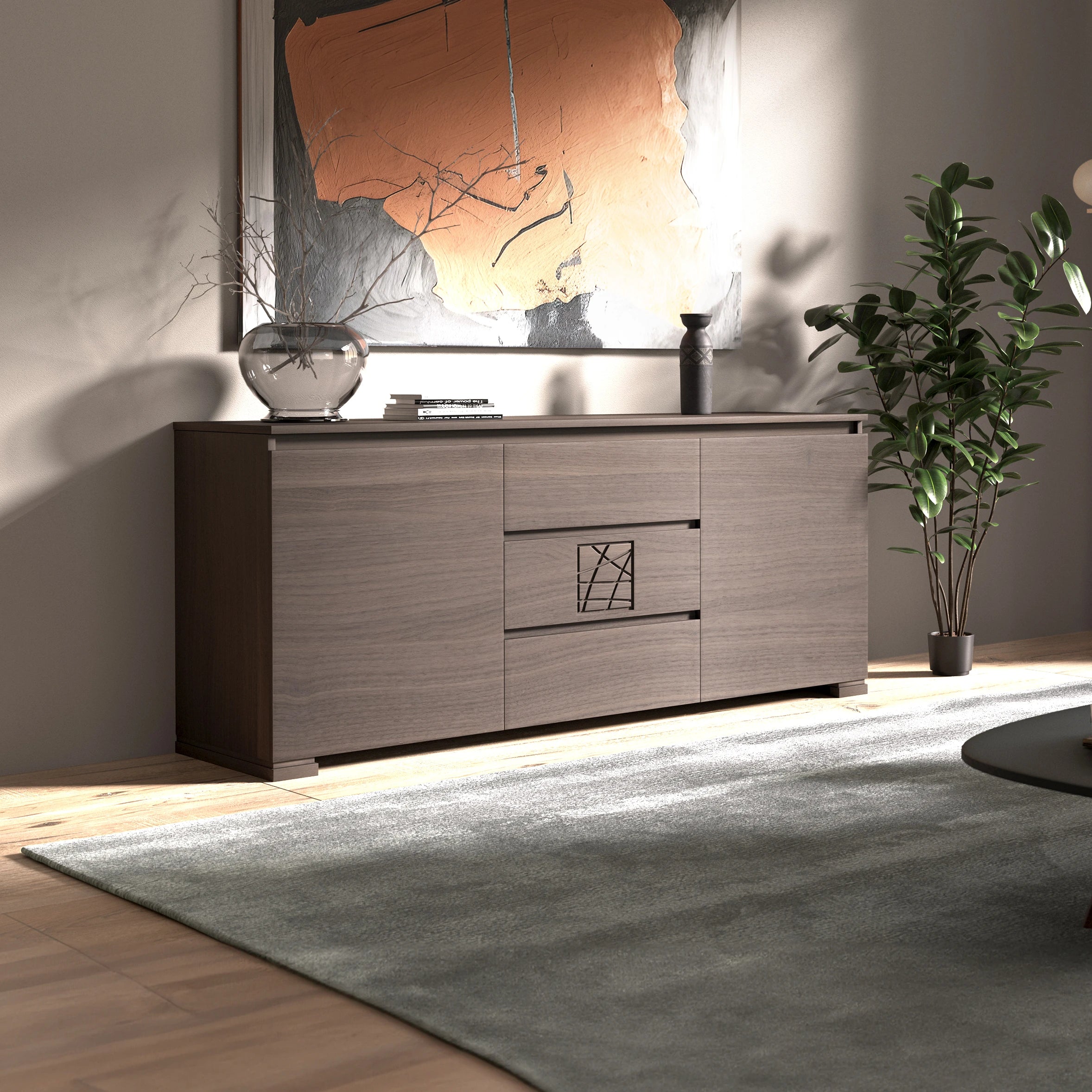 Credenza Moderna due porte tre cassetti Cenere Formella Modigliani Piombini Mobili Artigianali Italiani Laterale 9212F