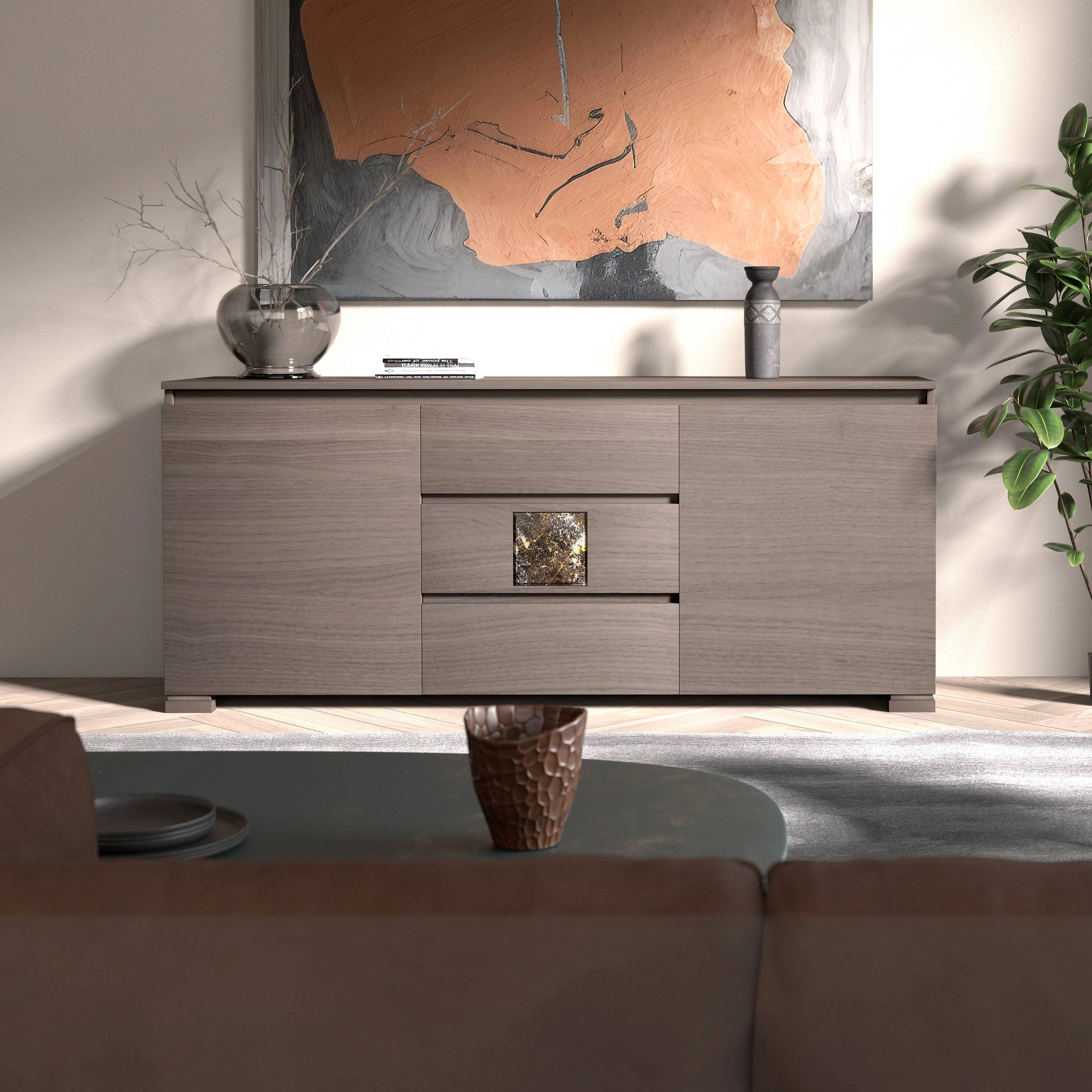 Credenza Moderna due porte tre cassetti Cenere Marmo Modigliani Piombini Mobili Artigianali Italiani 9212M