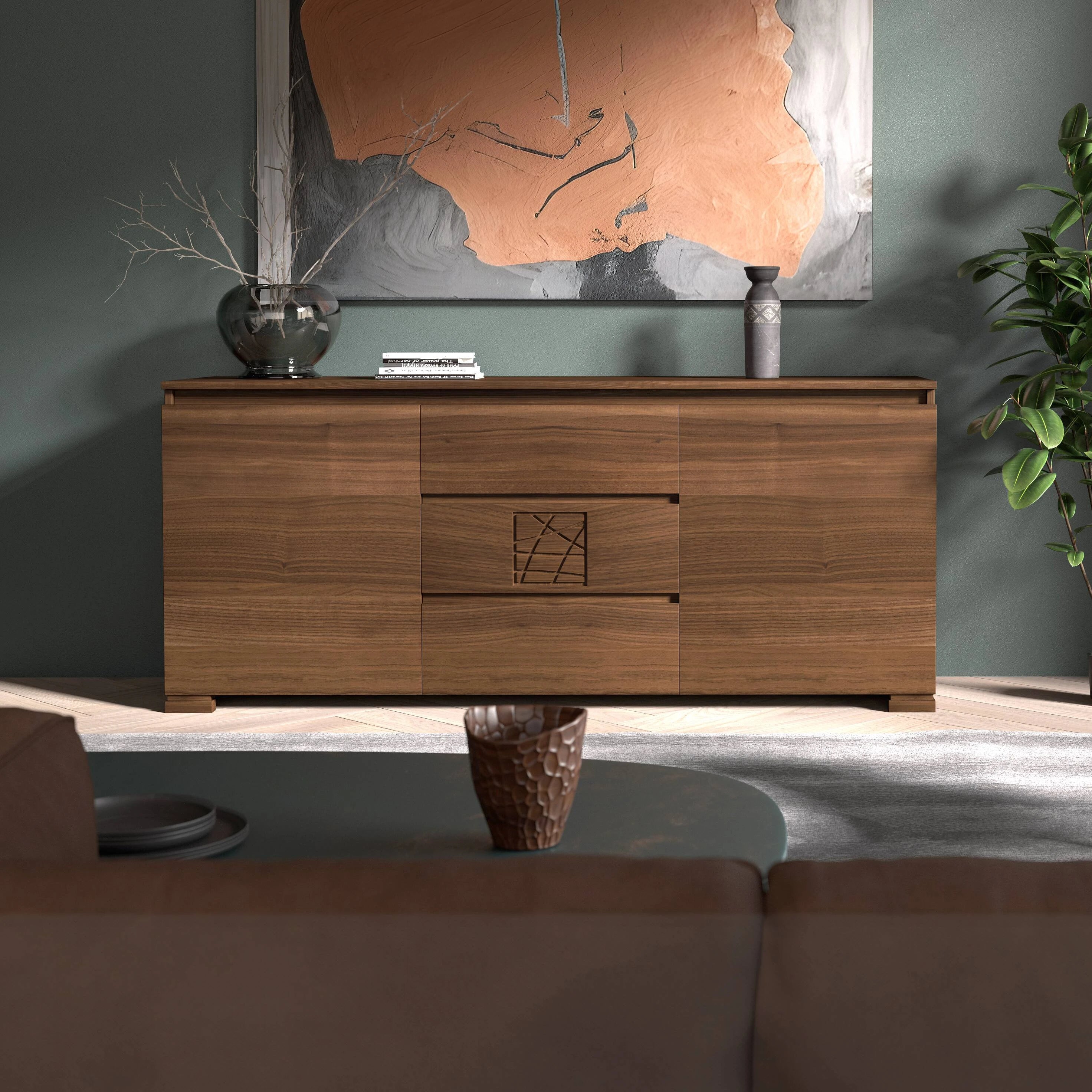 Credenza Moderna due porte tre cassetti Noce Naturale Formella Modigliani Piombini Mobili Artigianali Italiani 9212F