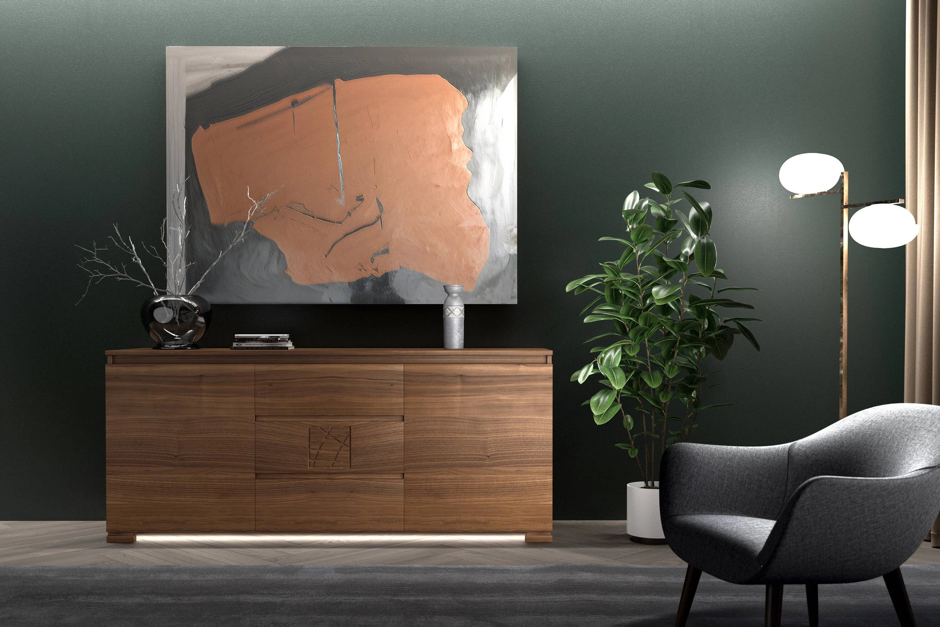 Credenza Moderna due porte tre cassetti Noce Naturale Formella Modigliani Piombini Mobili Artigianali Italiani LED Acceso 9212F