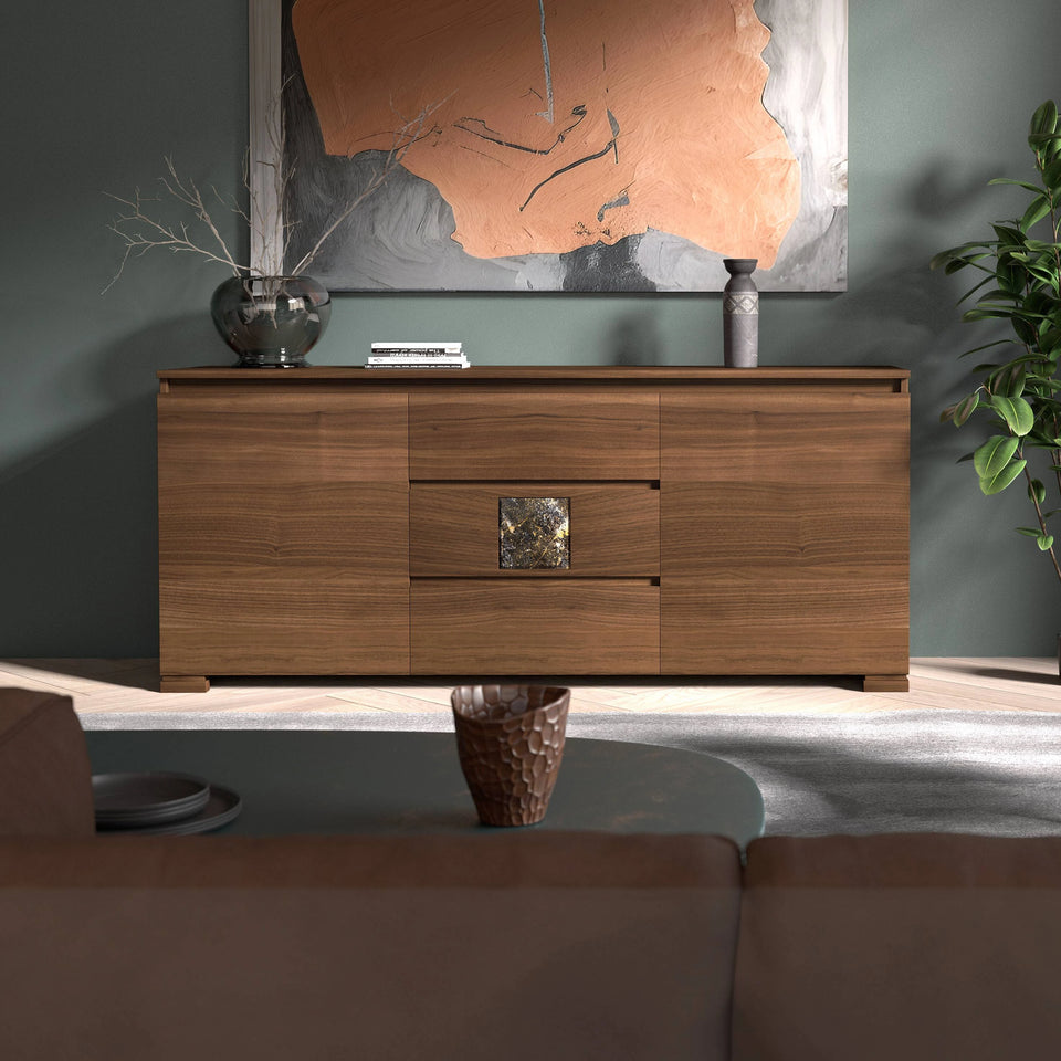 Aparador moderno de dos puertas y tres cajones Nogal Natural Mármol Modigliani Piombini Muebles Artesanales Italianos 9212M