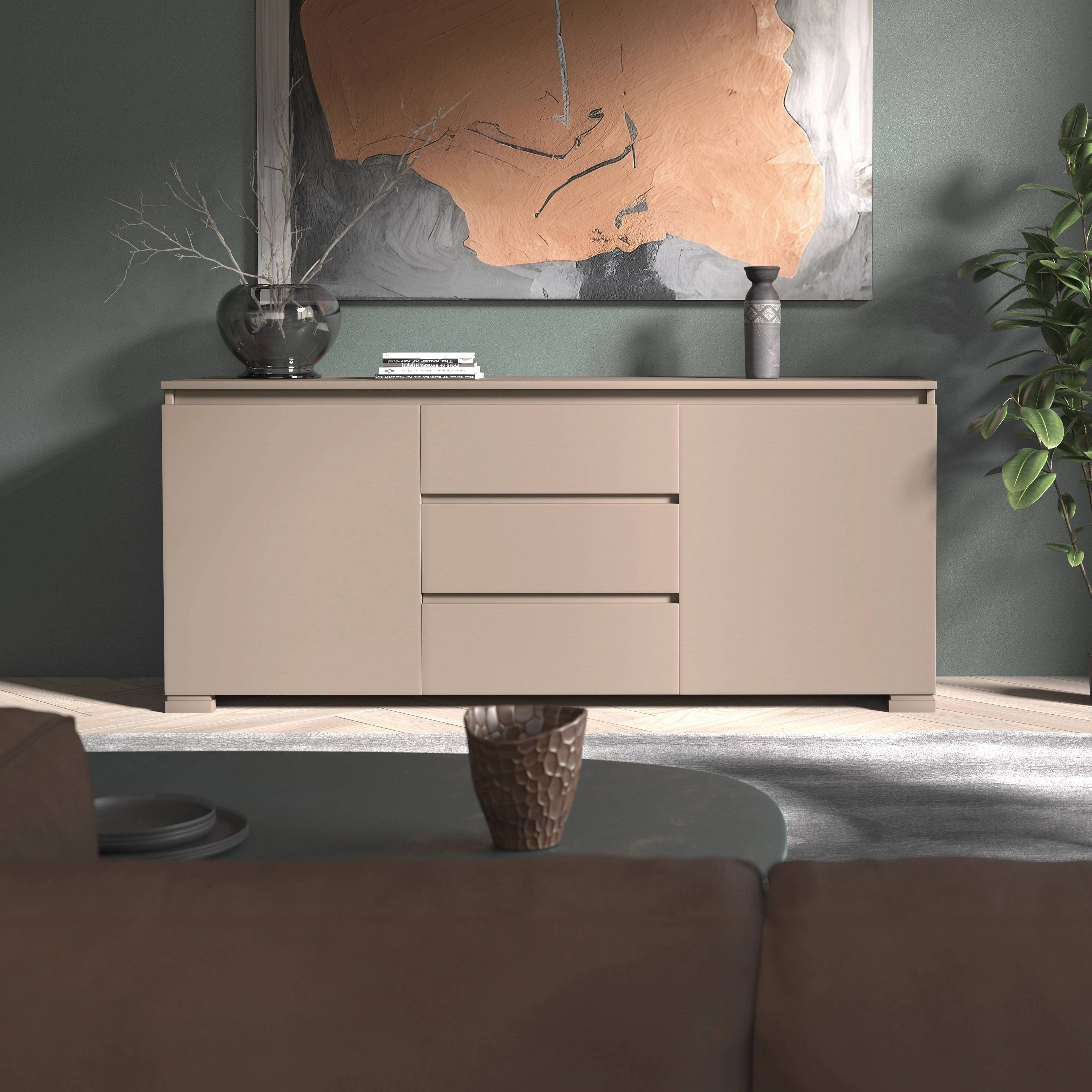 Credenza Moderna due porte tre cassetti Tortora Liscia Modigliani Piombini Mobili Artigianali Italiani 9212