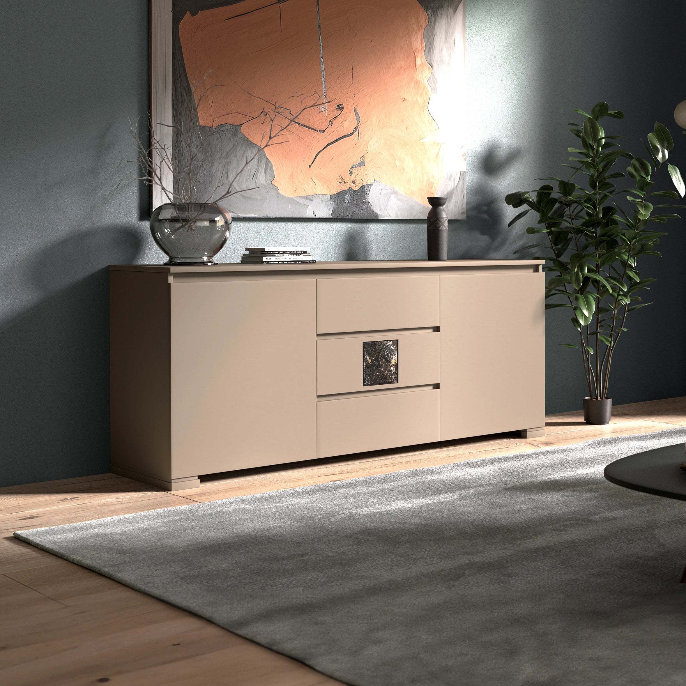 Credenza Moderna due porte tre cassetti Tortora Marmo Modigliani Piombini Mobili Artigianali Italiani Laterale 9212M