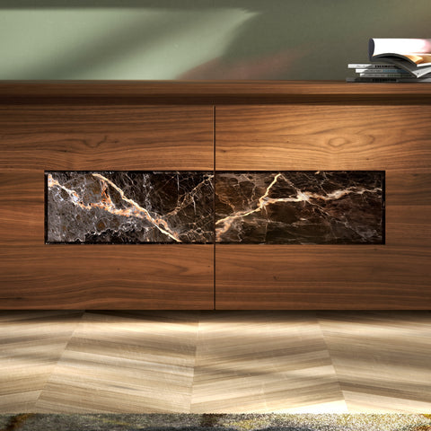 Front detail of the Modigliani 4-door TV cabinet in canaletto walnut with worked natural marble insert and dimmable LED lighting